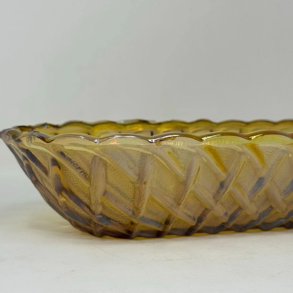 Vintage Amber Iridescent Glass Relish Dish Serving Tray Textured Embossed Retro